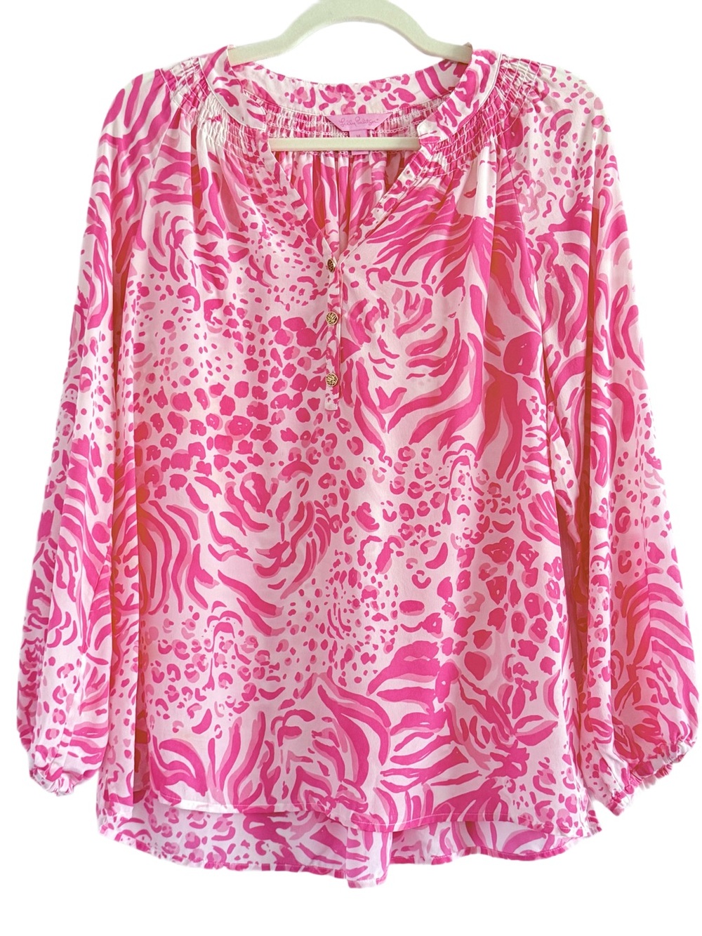 Lilly Pulitzer Elsa Pink Mixed-Animal Print Silk Blouse Medium